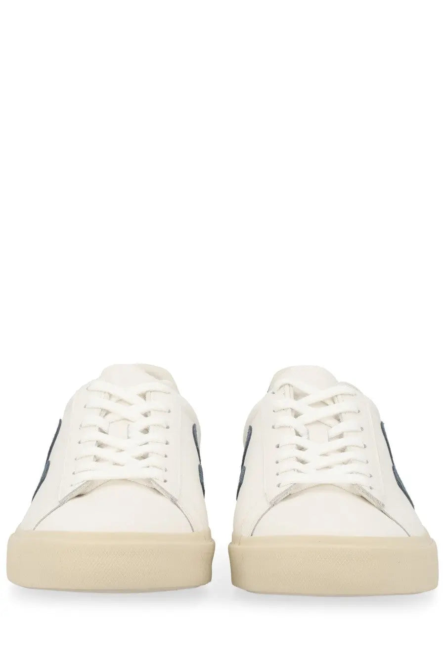 Veja unisex sneaker campo white leather with black side stripes and beige rubber sole front view
