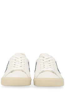 Veja unisex sneaker campo white with white leather, black side stripes, and beige rubber sole in front view