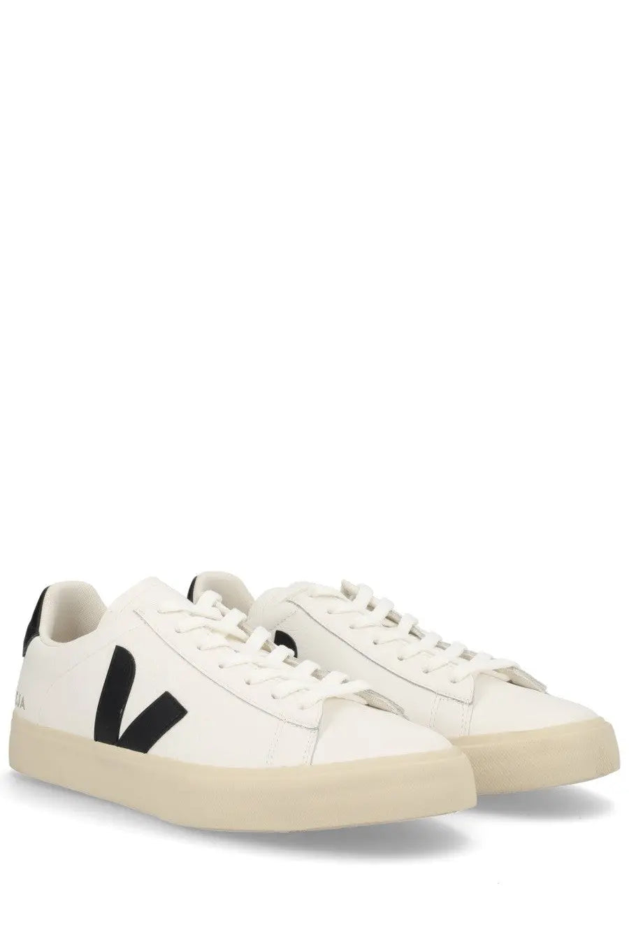 Veja unisex sneaker campo white with white leather, bold black v logo, cream rubber soles, and matching laces