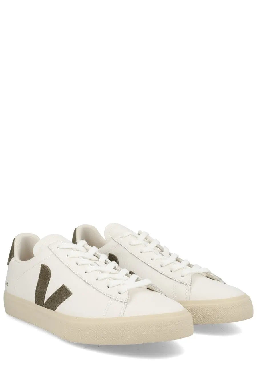 Veja unisex sneaker campo white featuring white leather with dark olive green v logo white laces and beige sole