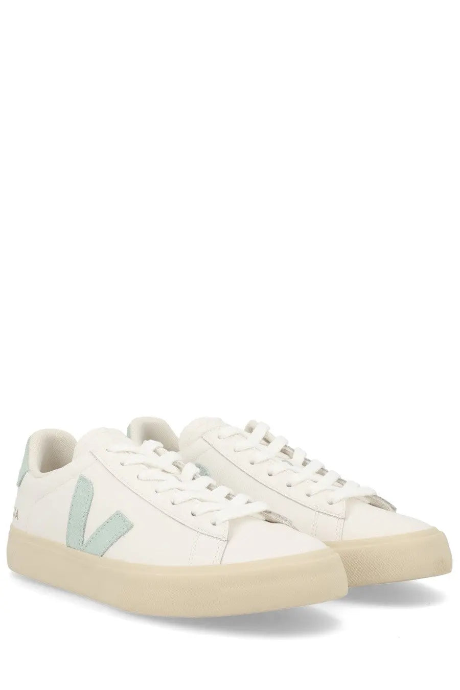 Veja unisex sneaker campo white white leather sneakers with a light mint green logo and minimalist design