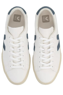 Veja unisex sneaker campo white with white leather, navy blue accents, beige rubber sole, and vela logo on the insole