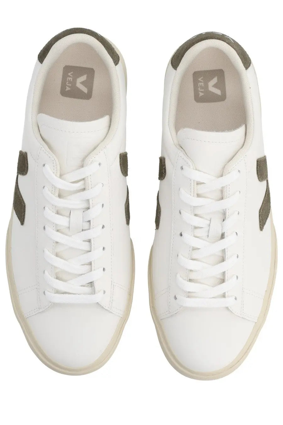Veja unisex sneaker campo white with white leather, olive green accents, minimalist design, and vela logo on the insole