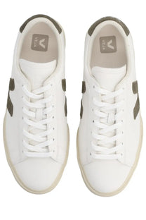 Veja unisex sneaker campo white with white leather, olive green accents, minimalist design, and vela logo on the insole