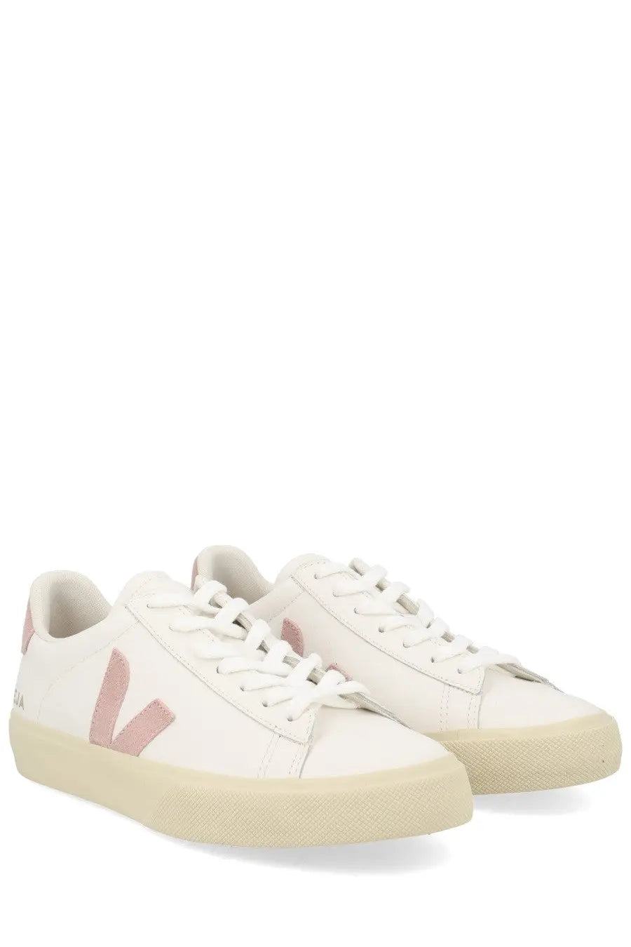 Veja unisex sneaker campo white featuring white leather with soft pink v logo and cream rubber sole