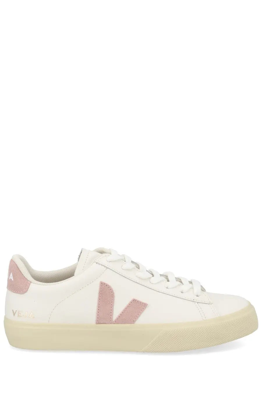 Veja unisex sneaker campo white with white leather, soft pink v logo and heel tab, cream rubber sole front view