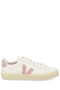 Veja unisex sneaker campo white with white leather, soft pink v logo and heel tab, cream rubber sole front view