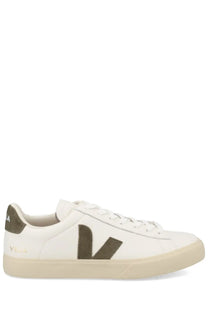 Veja unisex sneaker campo white with white leather, olive green suede branding, and cream rubber sole