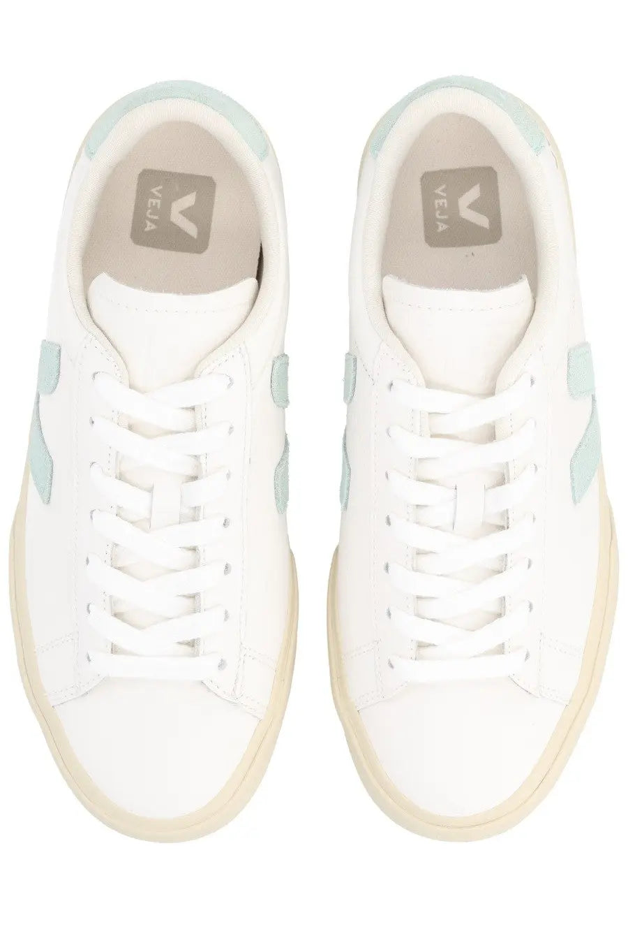 Veja unisex sneaker campo white with white leather, light blue accents, and cream rubber sole visible from the back side