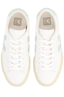 Veja unisex sneaker campo white with white leather, light blue accents, and cream rubber sole visible from the back side