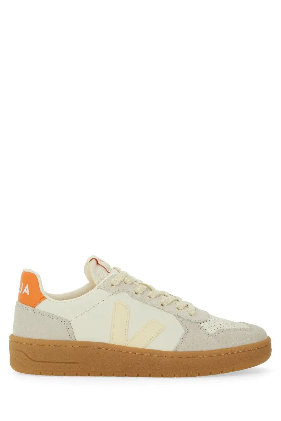 Veja unisex sneaker multicolor cream suede and canvas low top with orange heel tab tan rubber sole and yellow v logo