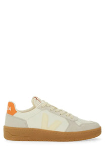 Veja unisex sneaker multicolor cream suede and canvas low top with orange heel tab tan rubber sole and yellow v logo