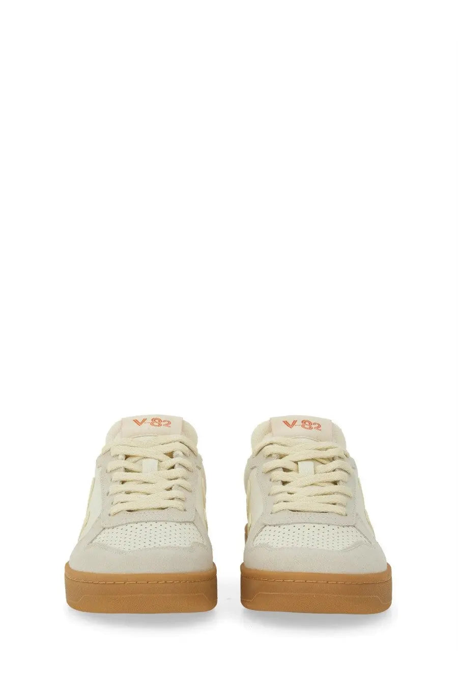 Veja unisex sneaker multicolor low-top cream suede perforated leather with gum rubber sole and orange v82 logo on tongue