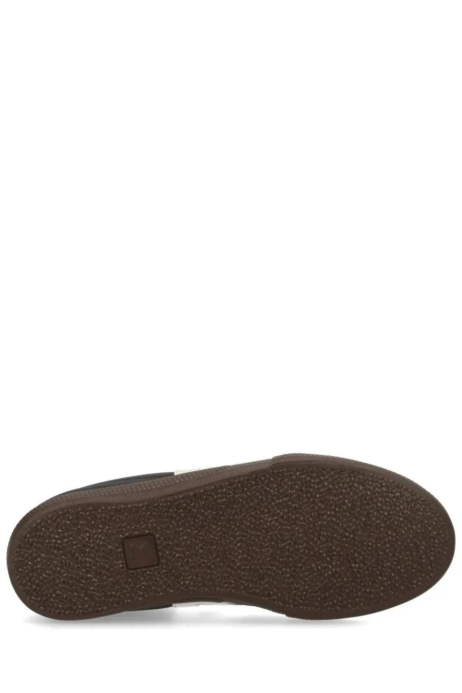 Brown rubber sole with textured grip and small square logo near heel on veja unisex sneaker panenka black