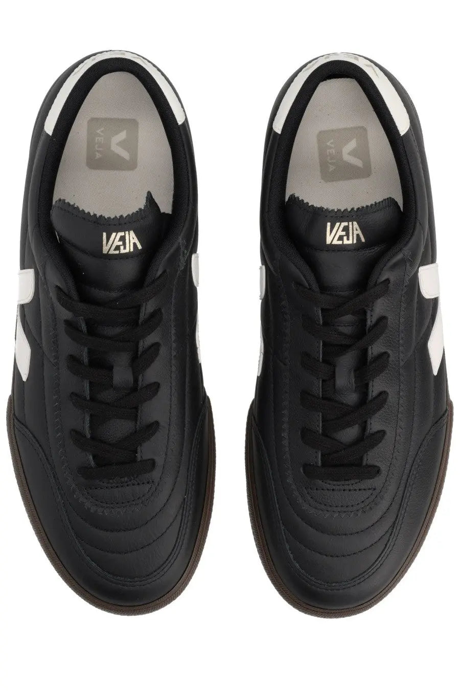 Veja unisex sneaker panenka black in black leather with white accents and a minimalist design shown from the back