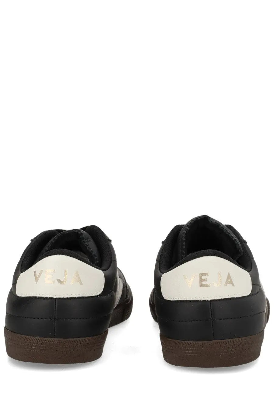 Veja unisex sneaker panenka black with black upper white heel tabs gold lettering and durable rubber sole shown from back