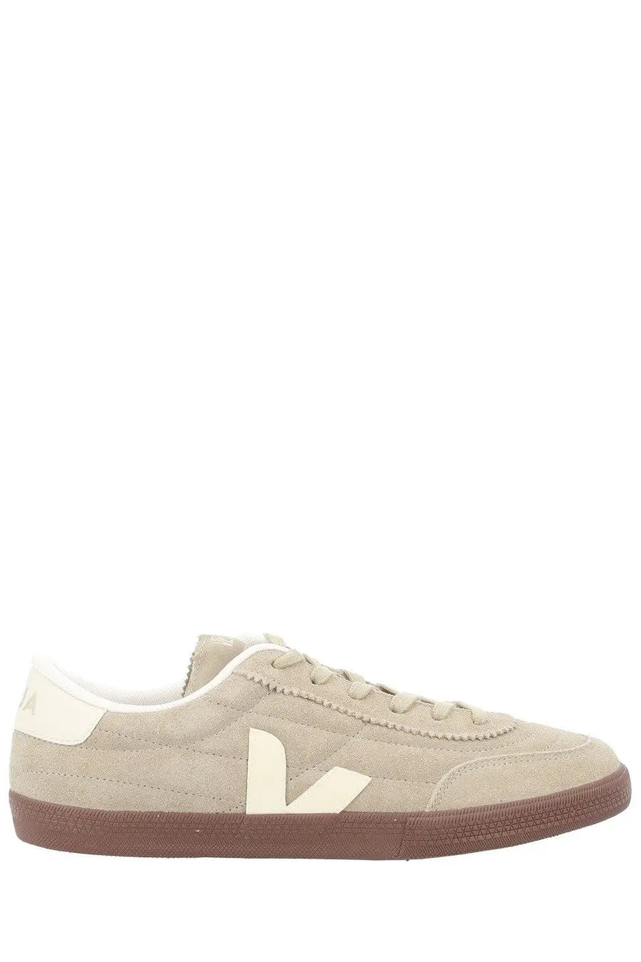 Beige suede veja unisex sneaker panenka grey with cream v-shaped logo and brown rubber sole visible from front side