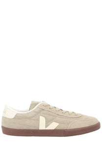 Beige suede veja unisex sneaker panenka grey with cream v-shaped logo and brown rubber sole visible from front side