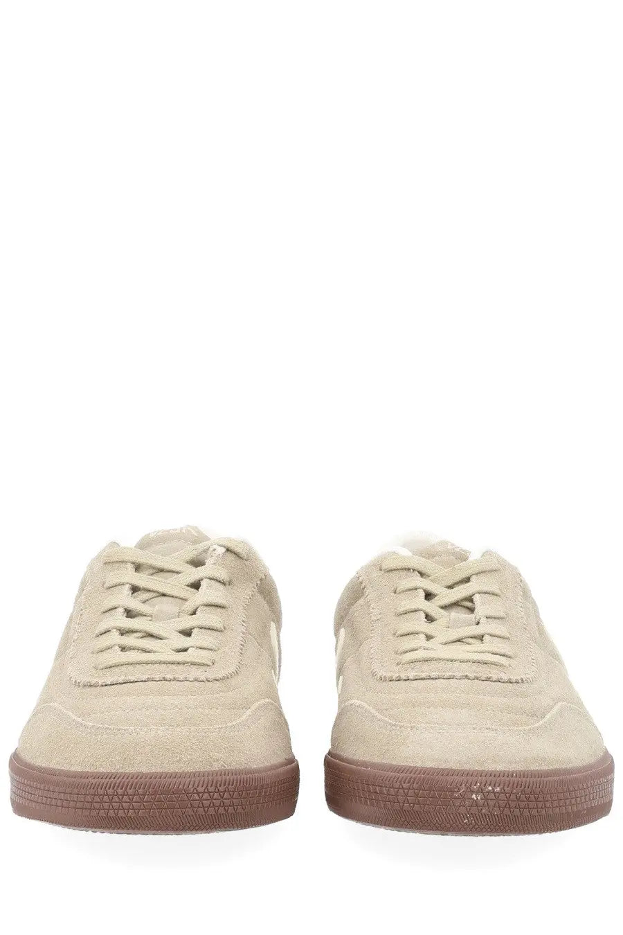 Beige suede low-top Veja unisex sneaker Panenka grey with brown rubber soles and matching laces