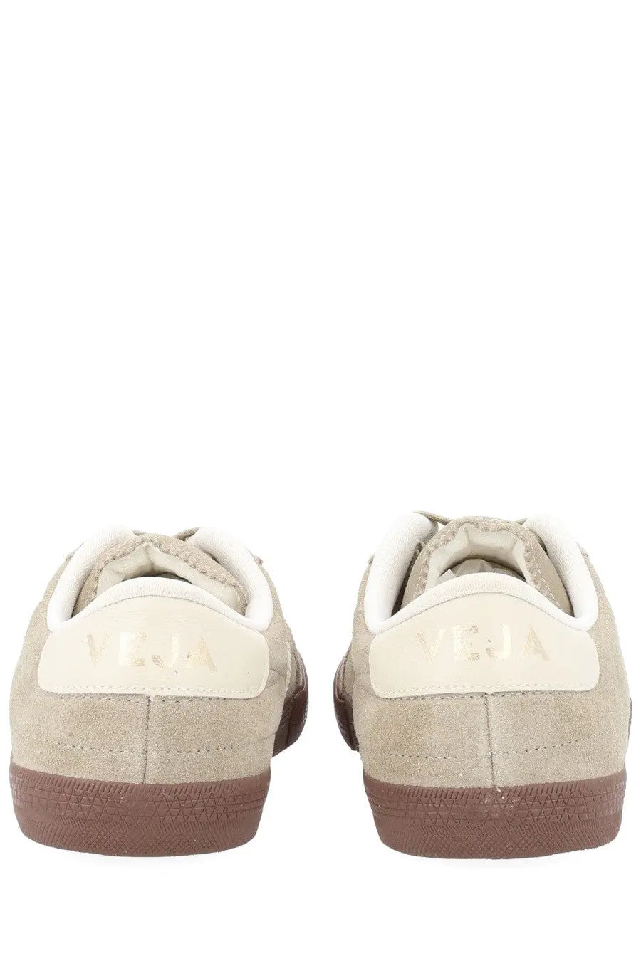Beige suede veja unisex sneaker panenka grey with white laces and brown rubber soles front view