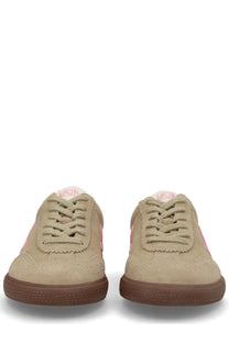 Veja unisex sneaker volley beige with beige suede, pink side panels, and brown rubber soles low-top design