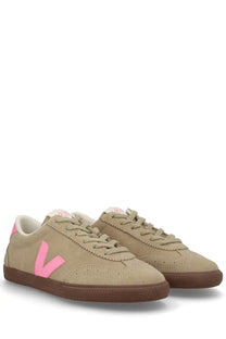 Veja unisex sneaker volley beige with beige suede, vibrant pink v logo, and brown rubber soles side view