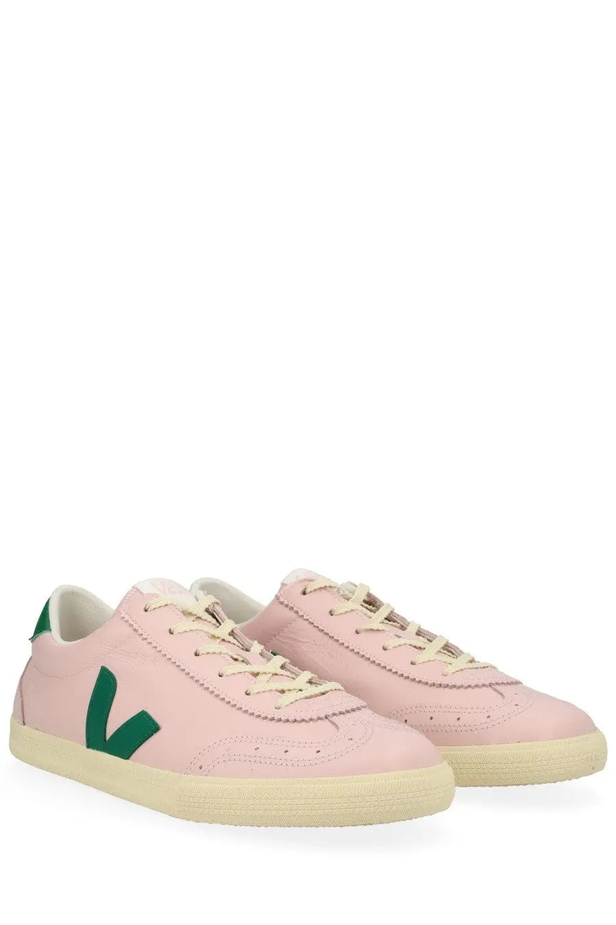 Veja unisex sneaker volley blue in pink suede with bold green v logo cream laces and rubber sole