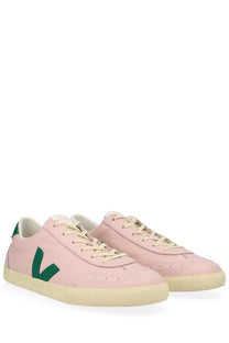 Veja unisex sneaker volley blue in pink suede with bold green v logo cream laces and rubber sole