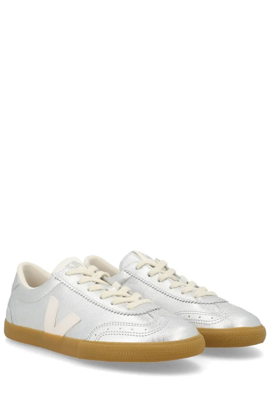 Veja unisex sneaker volley silver featuring silver metallic leather, tan rubber sole, white laces, and Vans logo on the side