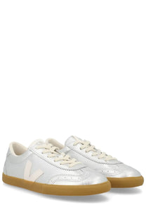 Veja unisex sneaker volley silver featuring silver metallic leather, tan rubber sole, white laces, and Vans logo on the side