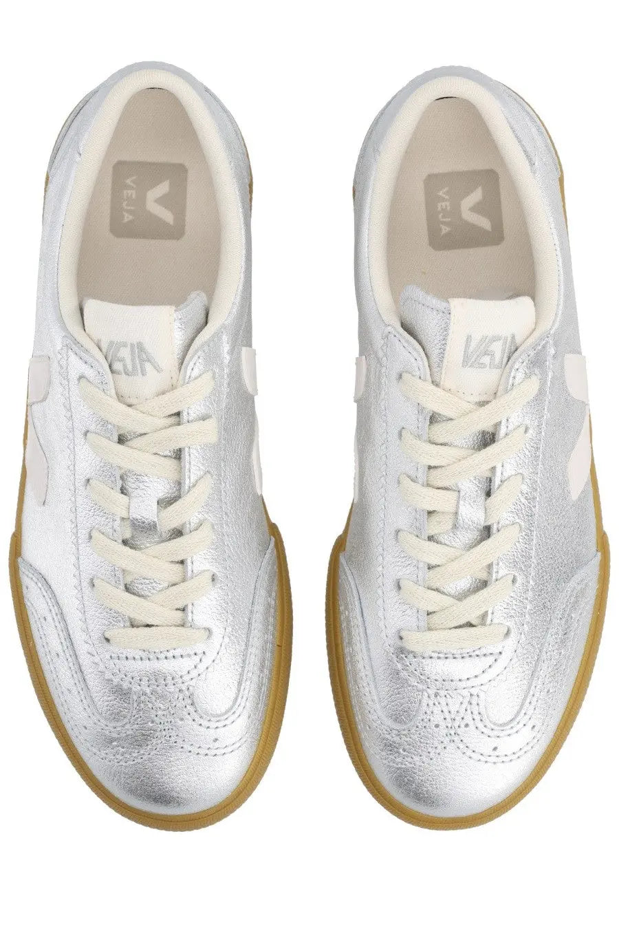 Veja unisex sneaker volley silver made of silver metallic leather with cream laces and gum rubber soles