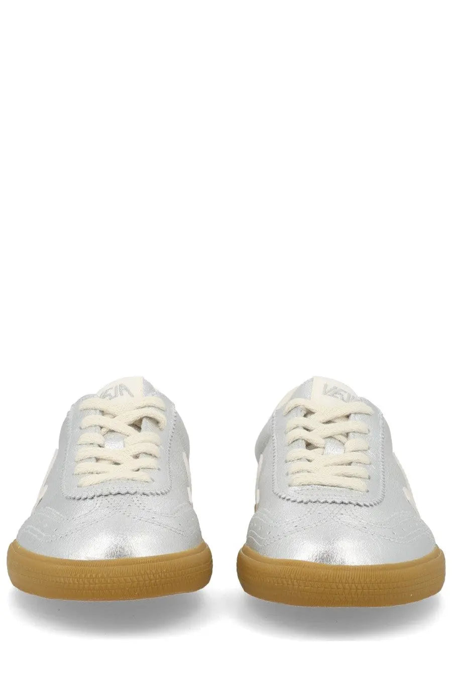 Veja unisex sneaker volley silver with silver metallic leather, cream laces, and tan rubber sole