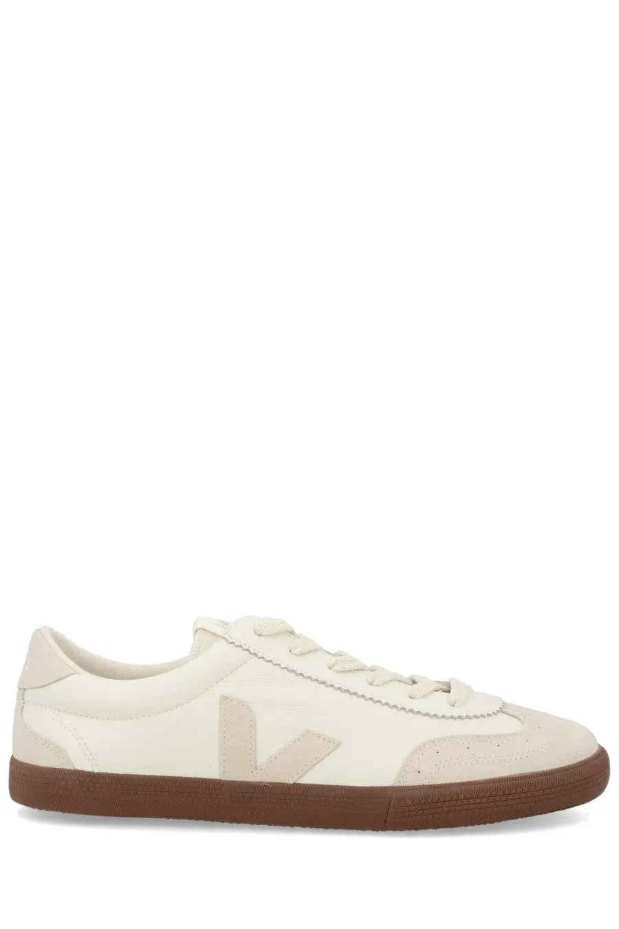 Veja unisex sneaker volley white cream suede and canvas low-top with tan rubber sole and beige v logo on side