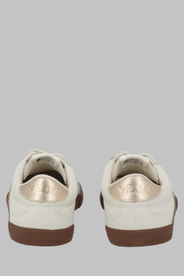 Veja unisex sneaker volley white white leather sneakers with metallic gold heel tab and brown rubber soles back view