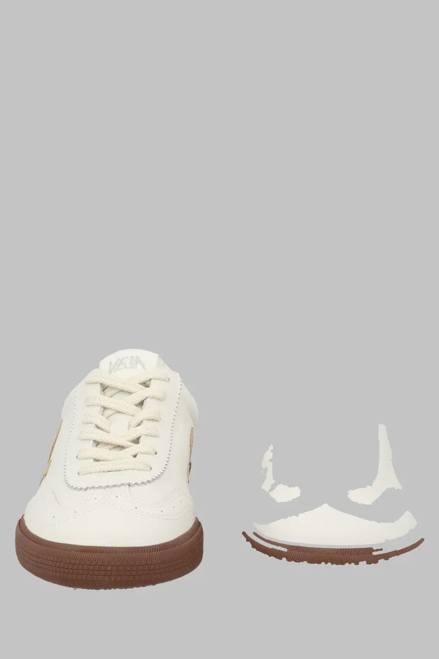 Veja unisex sneaker volley white with white canvas upper brown rubber soles and matching laces in front view