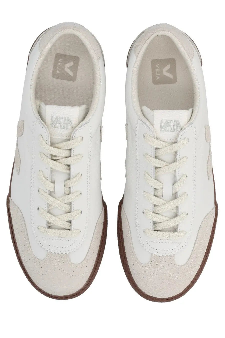 Veja unisex sneaker volley white with white vela fabric, beige suede accents, and brown rubber soles front view