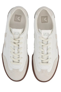 Veja unisex sneaker volley white with white vela fabric, beige suede accents, and brown rubber soles front view