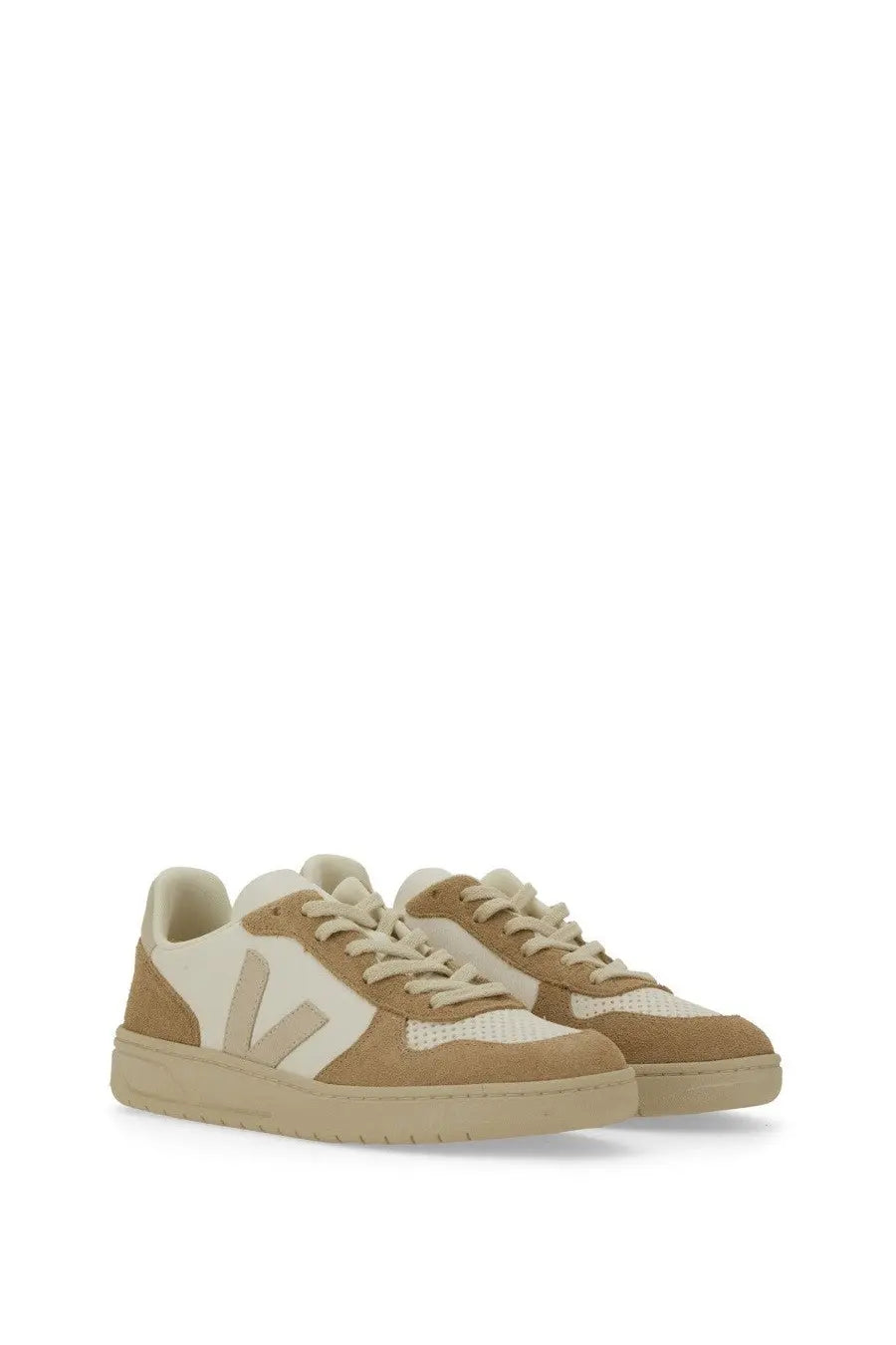 Veja unisex sneaker white tan and cream suede and mesh minimalist design with signature v logo on the side