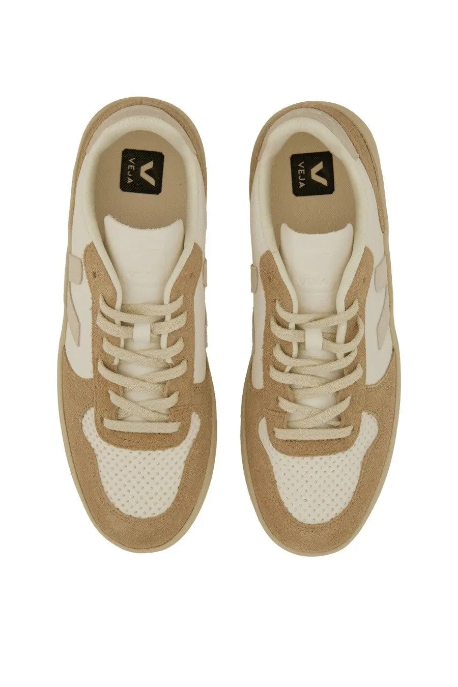 Veja unisex sneaker white with tan and white suede, perforated mesh panels, minimalist design, and vela logo insole