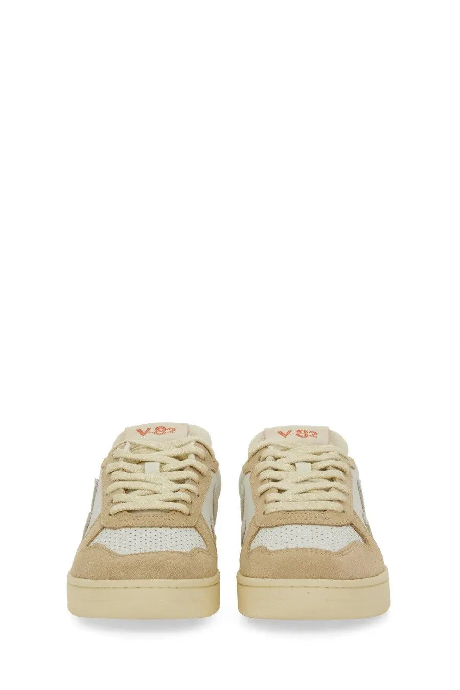 Veja women’s sneaker beige low-top with suede and perforated leather uppers and orange v82 logo on tongue