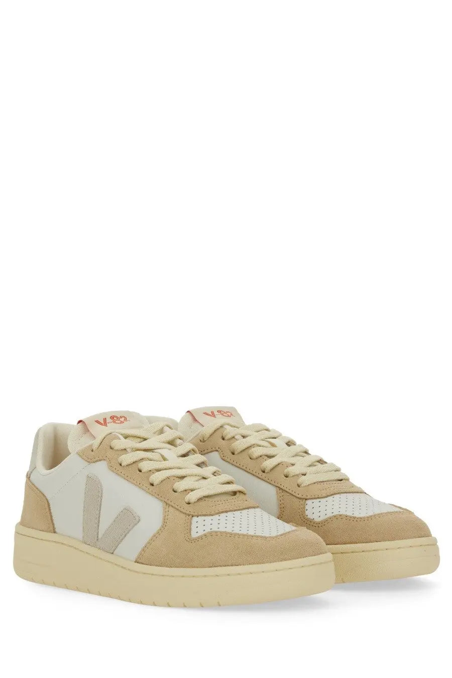 Veja women’s sneaker beige low-top with beige and white suede and mesh featuring a minimalist design