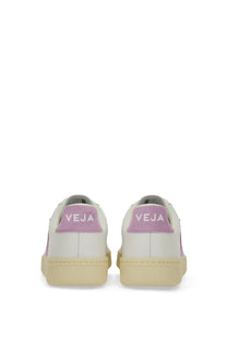 Veja women’s sneaker multicolor white leather with lavender suede heel tabs and cream rubber soles showing back side