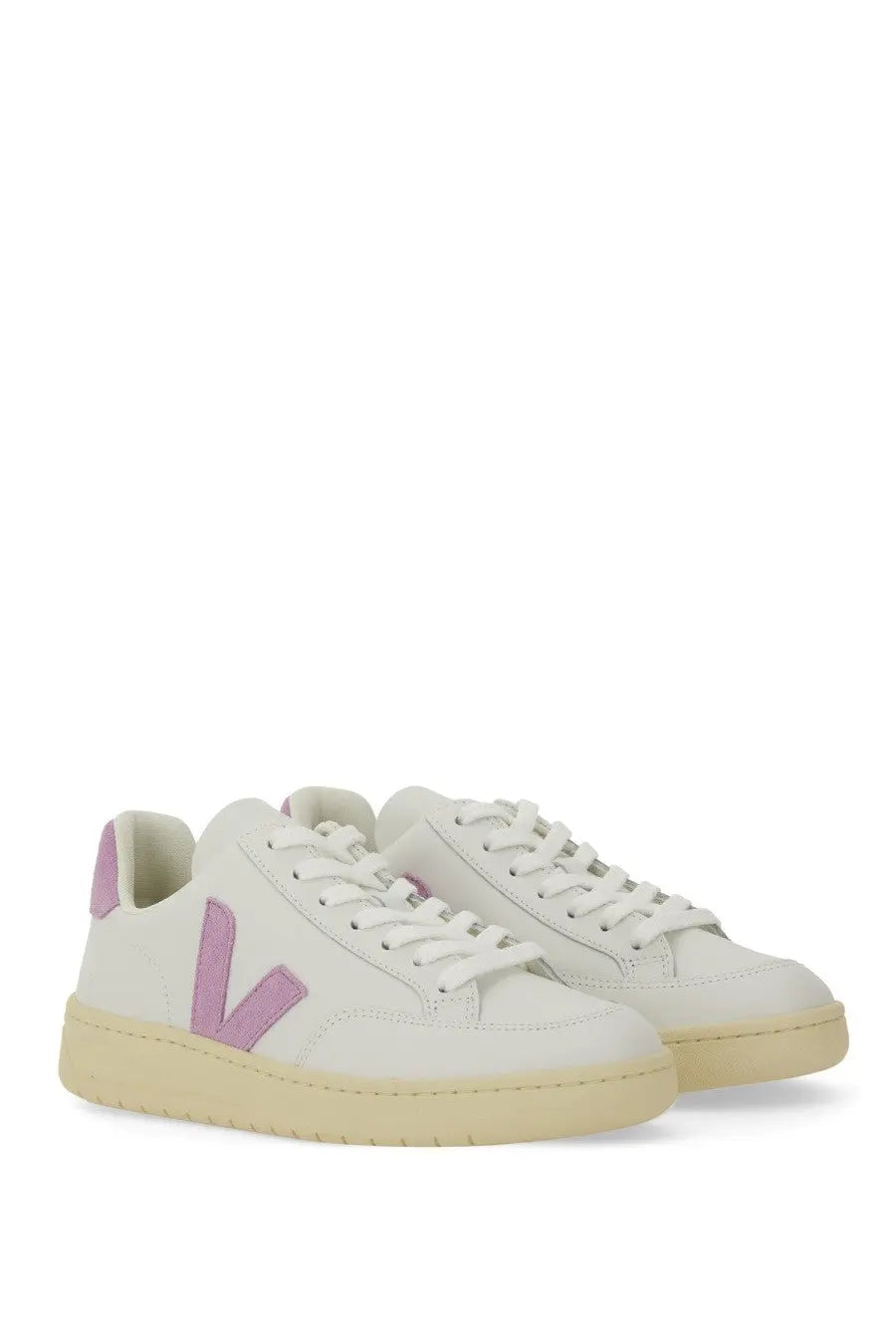 Veja women’s sneaker white leather with soft pink V logo and heel tab and cream rubber sole