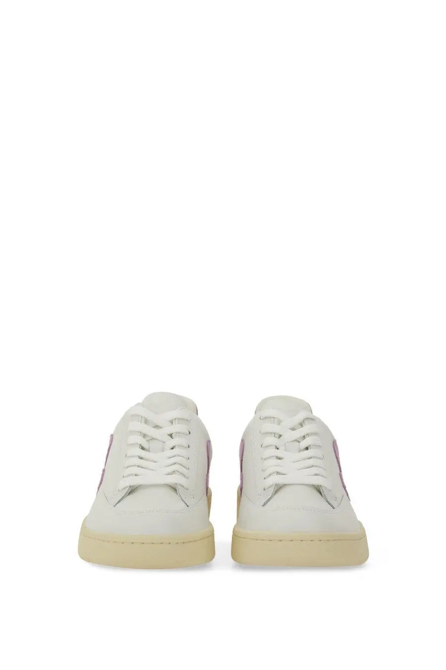 Veja women’s sneaker multicolor white leather with subtle pink side accents and cream rubber sole