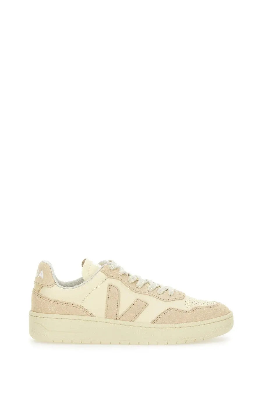 Veja women’s cream-colored vans-style sneaker with suede and canvas upper and stitched v logo on the side