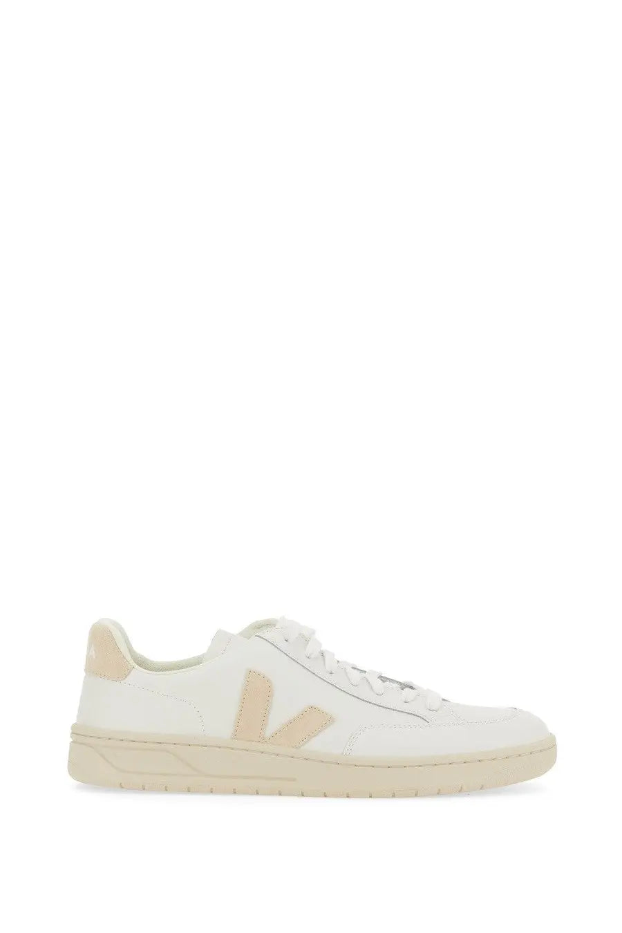 Veja women’s sneaker white in white leather with beige accents featuring minimalist design