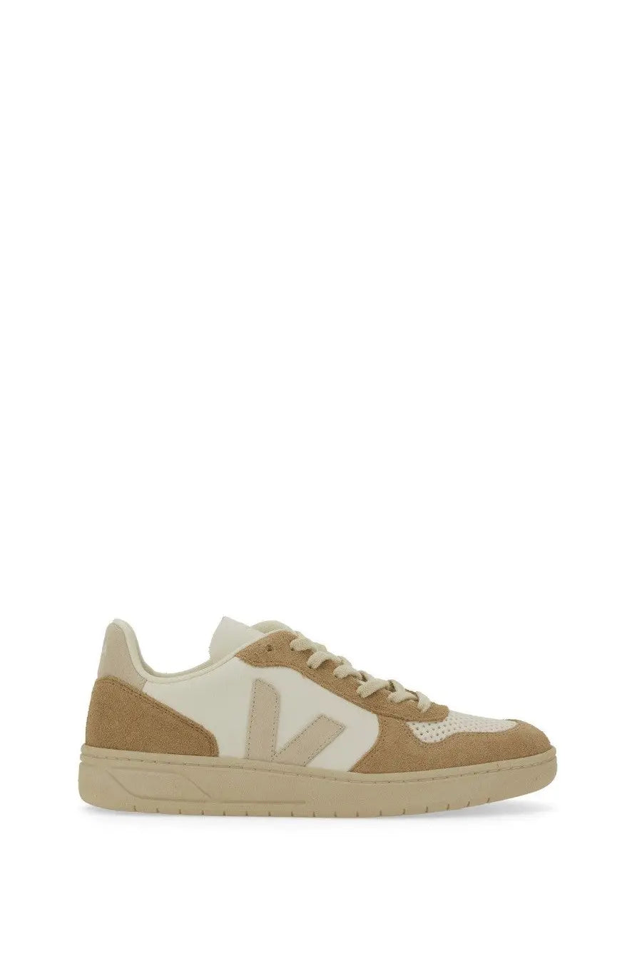 Veja women’s sneaker white low-top tan and cream suede and mesh shoe with minimalist v-shaped logo on side