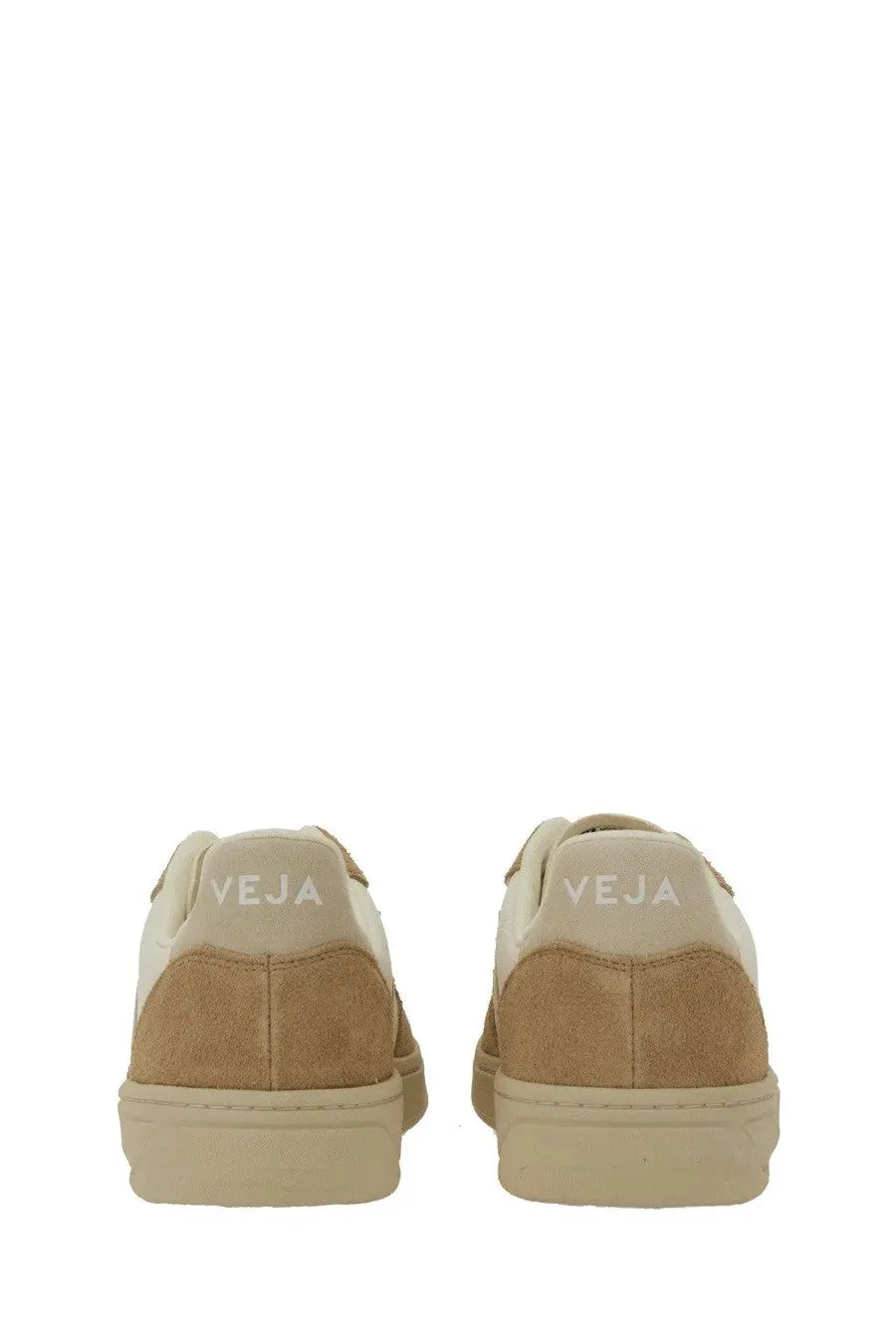 Back view of veja women’s sneaker white in tan and cream suede with minimalist design and veja logo on the heel