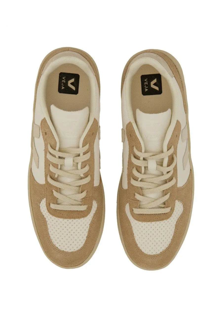 Veja women’s sneaker white tan and white suede with perforated mesh panels and minimalist design vela logo on insole