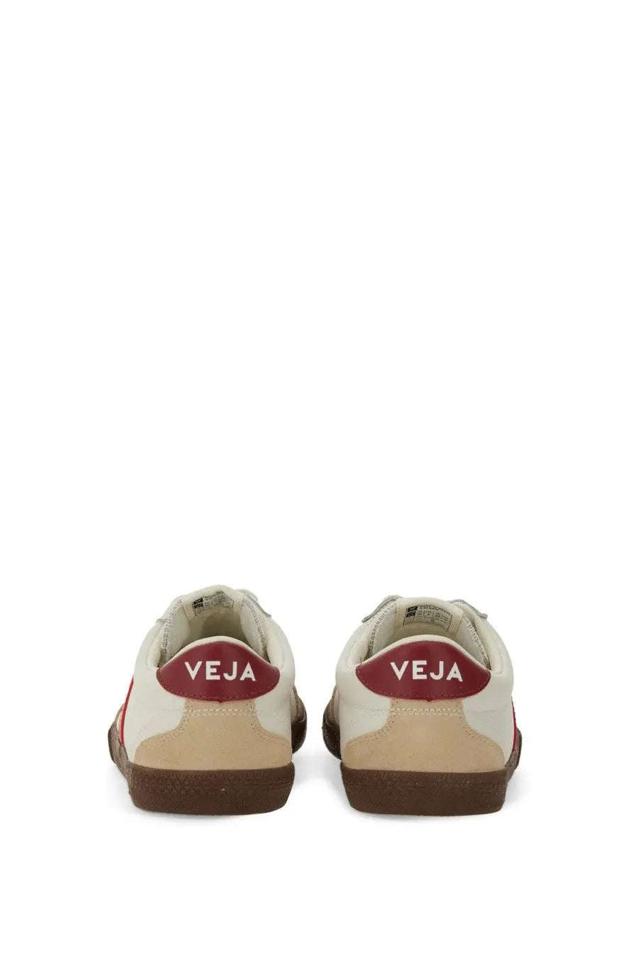 Veja women’s volley sneaker multicolor cream leather with red heel tab and veja logo in white lettering back view